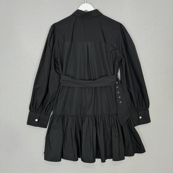 Wishing Waves Belted Shirt Dress Womens Large Black Poplin Mini Ruffle Hem - Picture 6 of 15